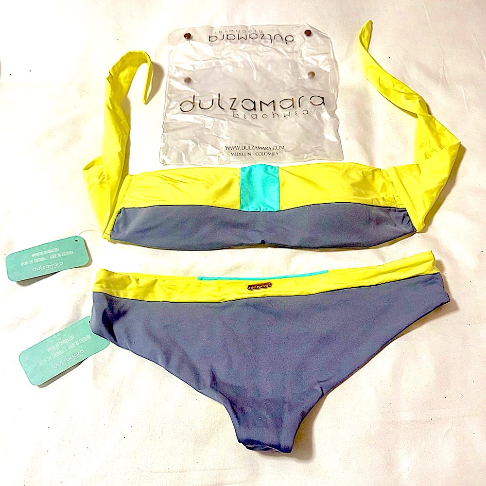 Bikini Dulzamara Beachwear, Talia. NWT. Grey, yellow & turquoise.  Sz L